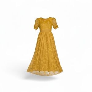 Womens Mustard Yellow Lace Maxi Dress with Puff Sleeves